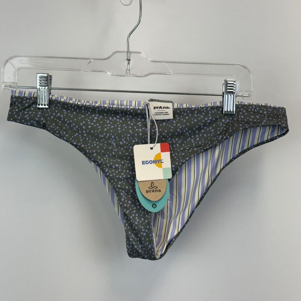 Prana Reversible Bikini Bottom Green Blue Pebble Stripe UPF 50+ Econyl Womens S